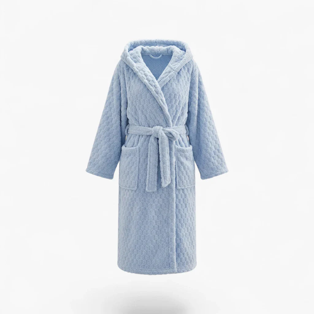 Damen-Nachtmantel Winter – Kapuzen-Fleece in Himmelblau