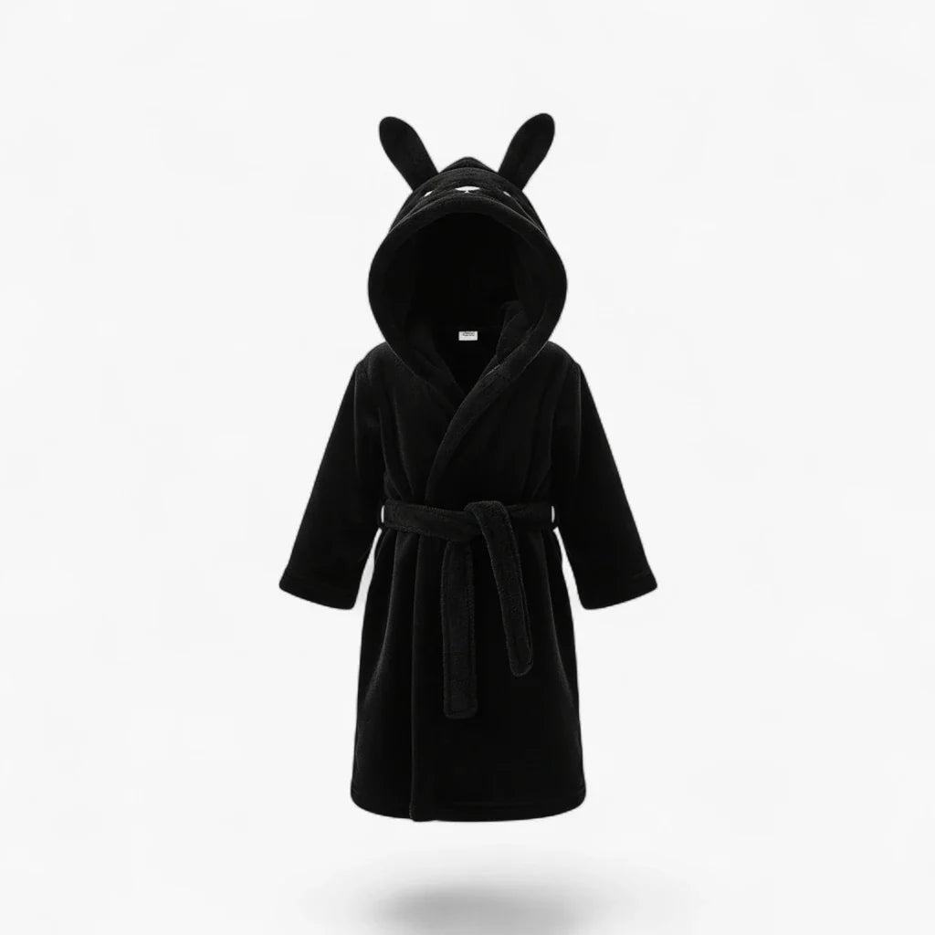 Kinder-Fleecebademantel – Schwarz mit Kapuze