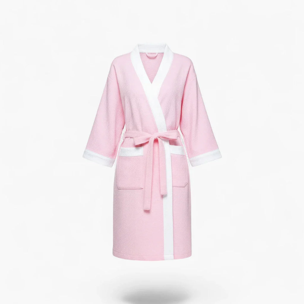 Damen-Bademantel aus rosa Waffelstoff mit weißem Rand und kurzen Ärmeln