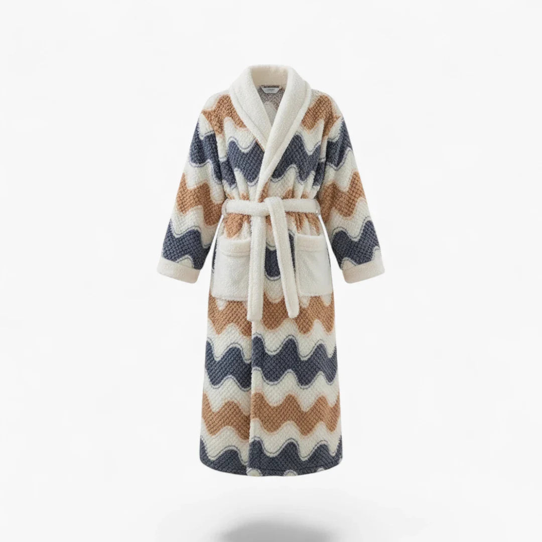 Damen-Winter-Bademantel aus Fleece – Lang, mit mehrfarbigen Wellenmustern