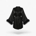 Damen-Bademantel aus Satin, schwarz, mit eleganten Federnärmeln