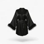 Damen-Bademantel aus Satin, schwarz, mit eleganten Federnärmeln