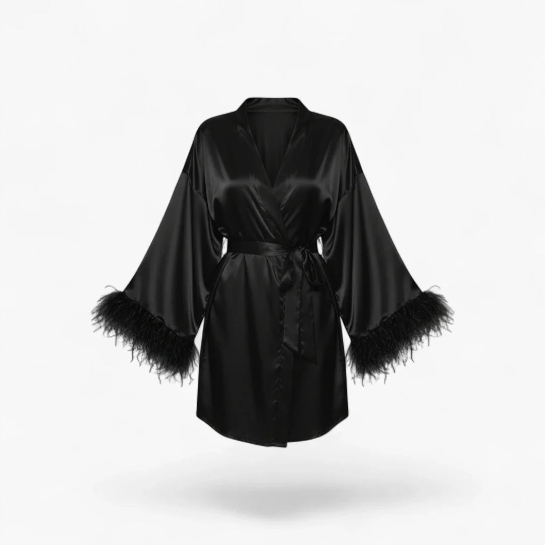 Damen-Bademantel aus Satin, schwarz, mit eleganten Federnärmeln