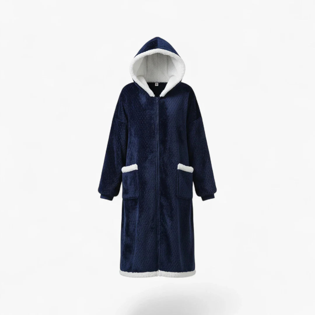 Damen-Winter-Nachtmantel aus Flannel – lang, marineblau, mit weißer Kapuze