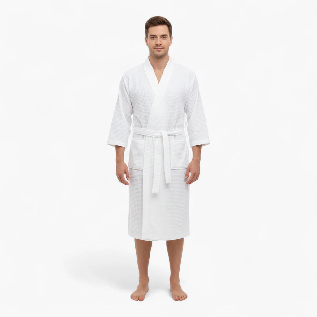Weißer Herren-Bademantel mit quadratischem Wabenmuster