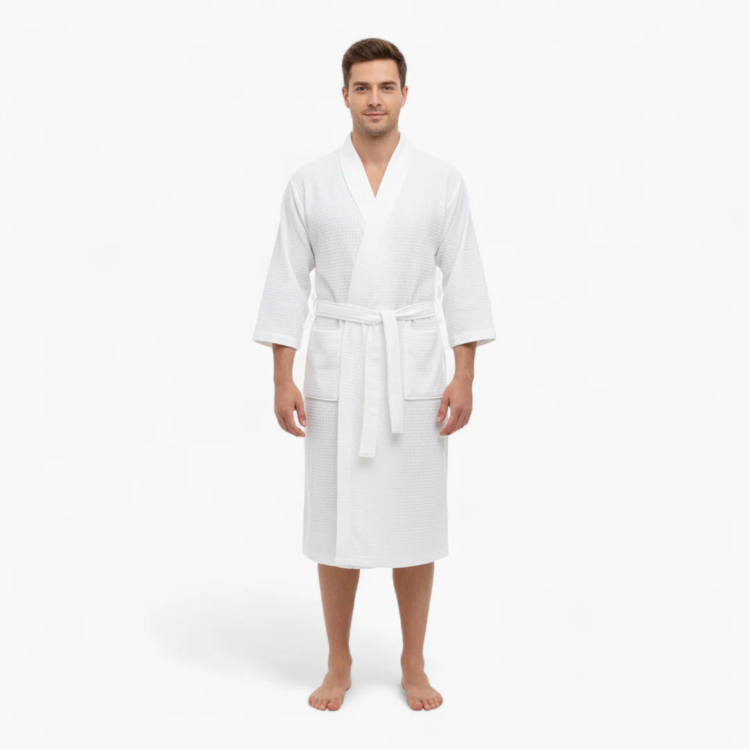 Weißer Herren-Bademantel mit quadratischem Wabenmuster