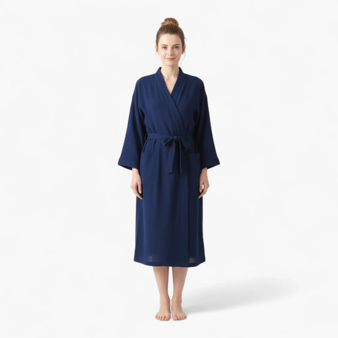 Damen-Schlafmantel aus Baumwolle – Japanischer Stil, Langer Schnitt, marineblau