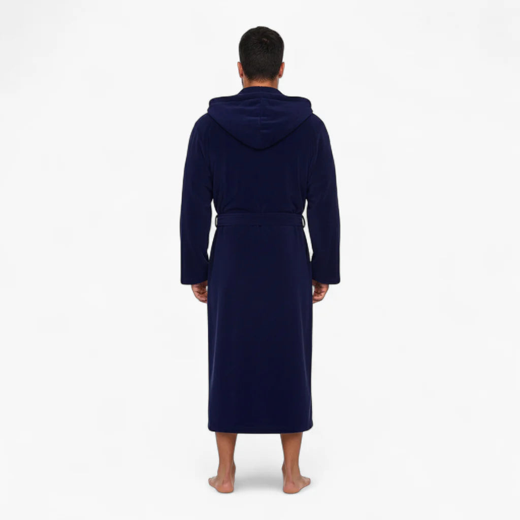Herren-Bademantel mit Kapuze – Lang, marineblaues Fleece