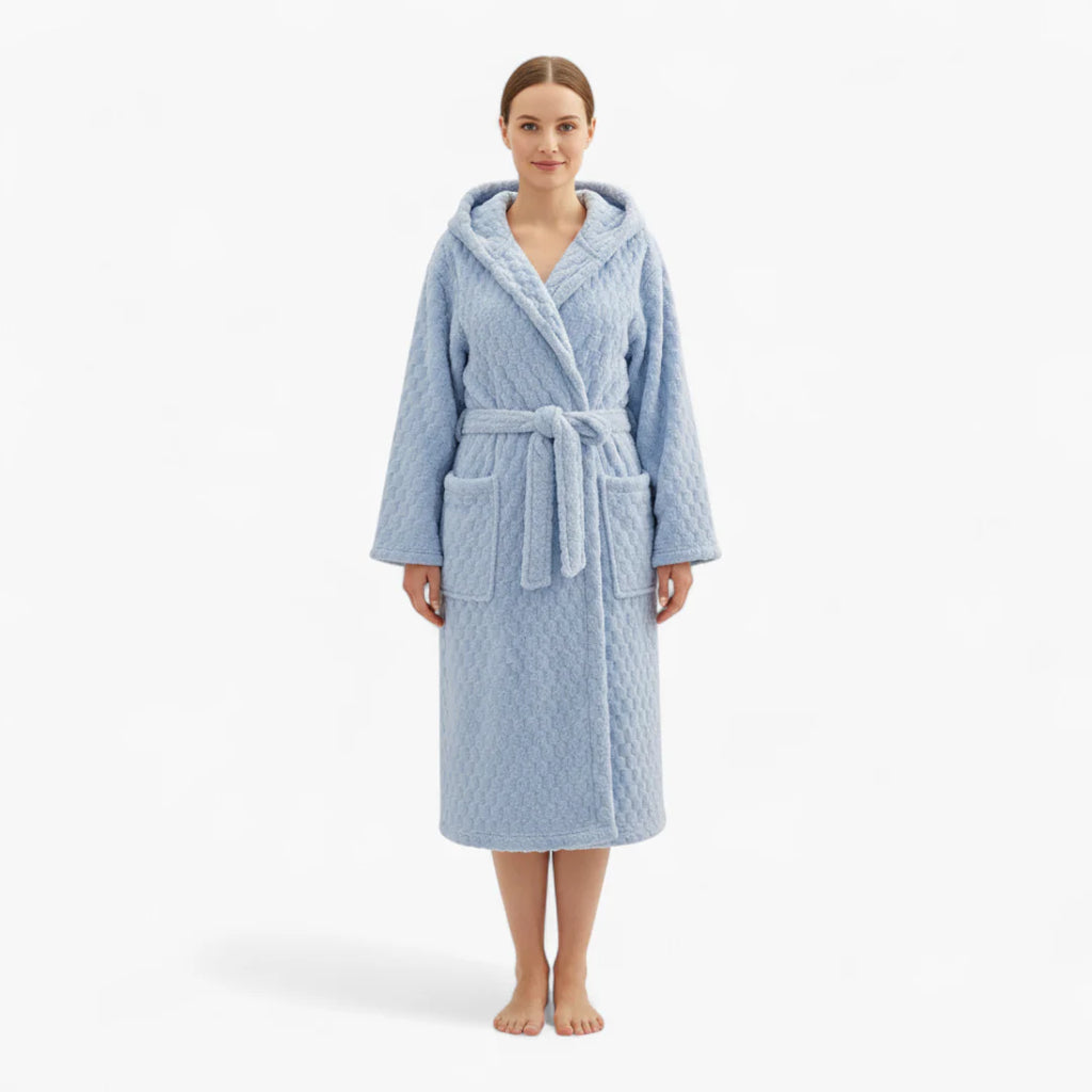 Damen-Nachtmantel Winter – Kapuzen-Fleece in Himmelblau