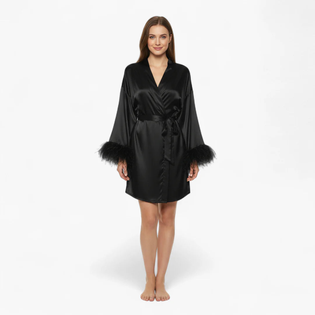 Damen-Bademantel aus Satin, schwarz, mit eleganten Federnärmeln