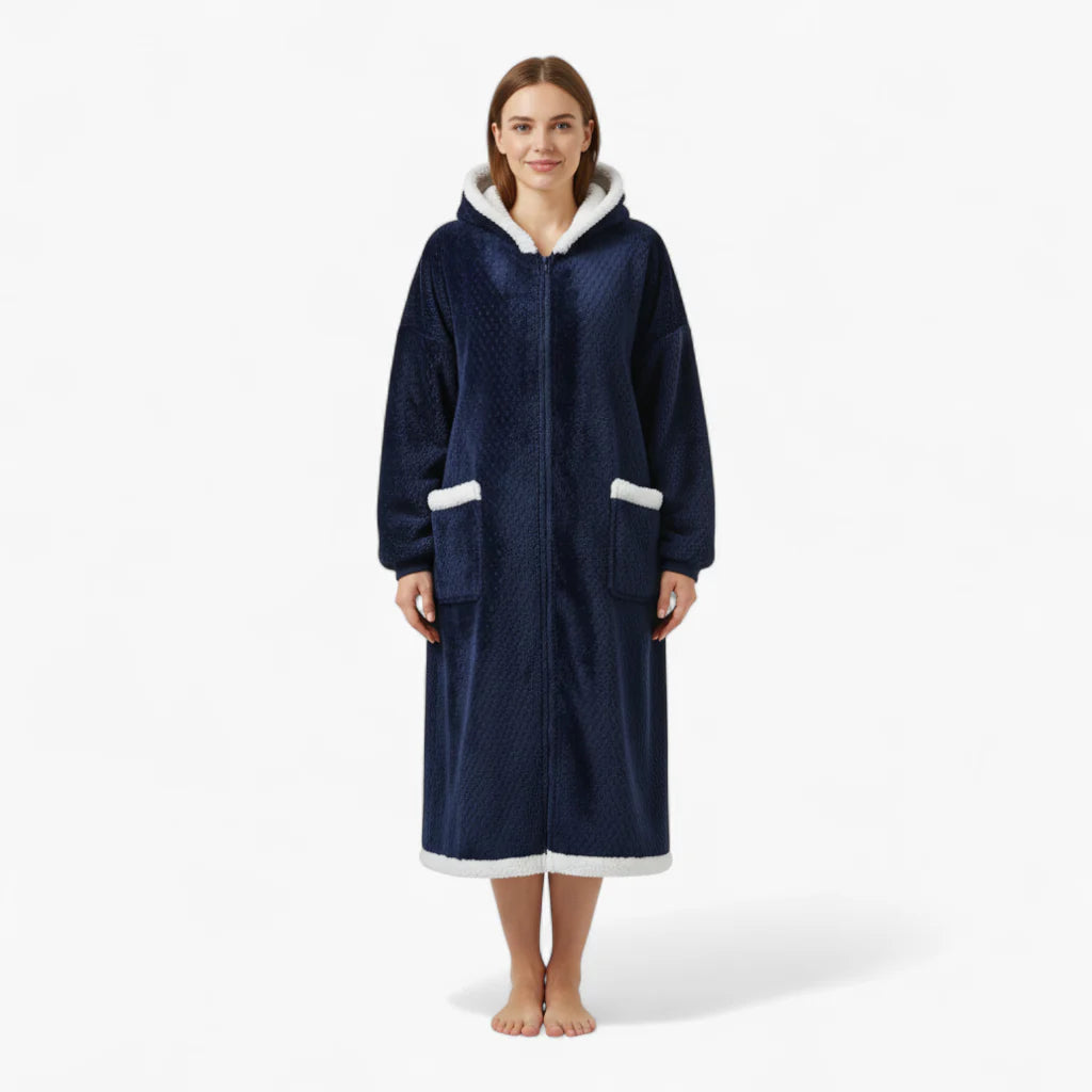 Damen-Winter-Nachtmantel aus Flannel – lang, marineblau, mit weißer Kapuze