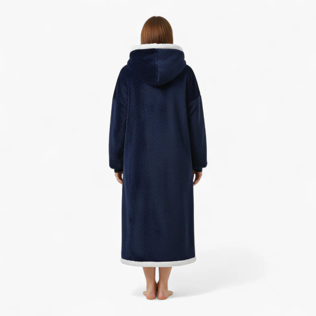 Damen-Winter-Nachtmantel aus Flannel – lang, marineblau, mit weißer Kapuze