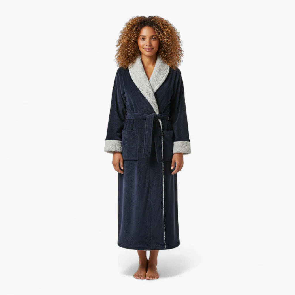 Damen-Winter-Bademantel aus Flanell, lang, marineblau, mit grauem Revers