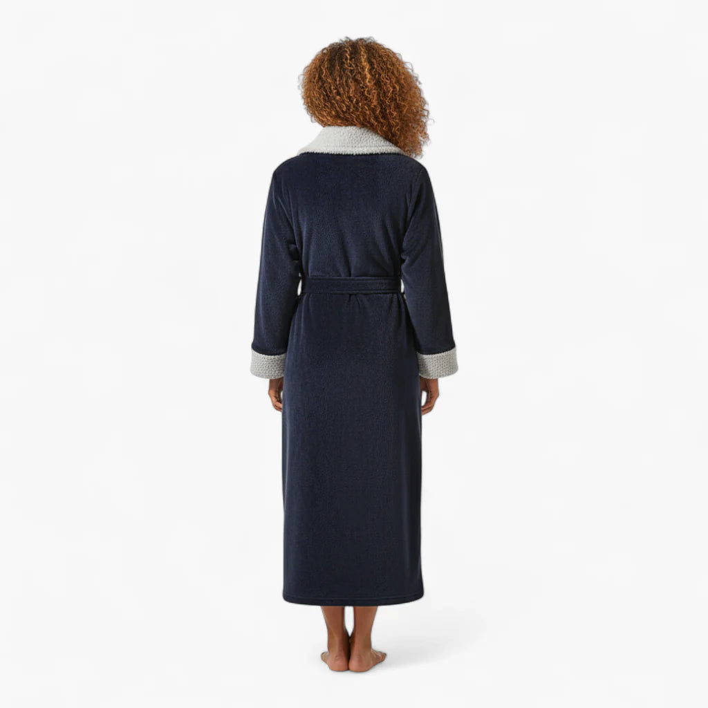 Damen-Winter-Bademantel aus Flanell, lang, marineblau, mit grauem Revers