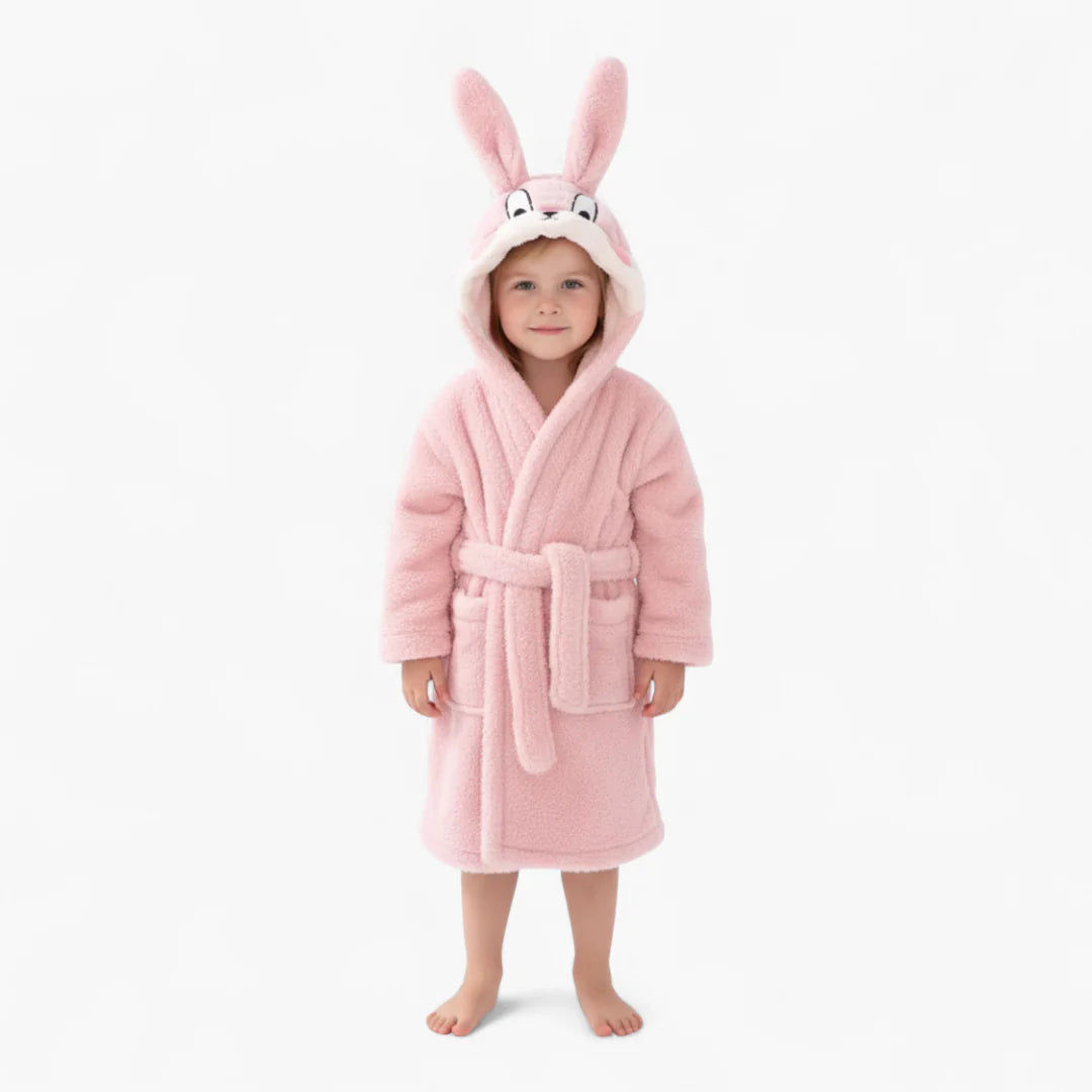 Kinderbademantel mit Kaninchenmotiv – Rosa Winterfleece mit Kapuze und weichen Ohren