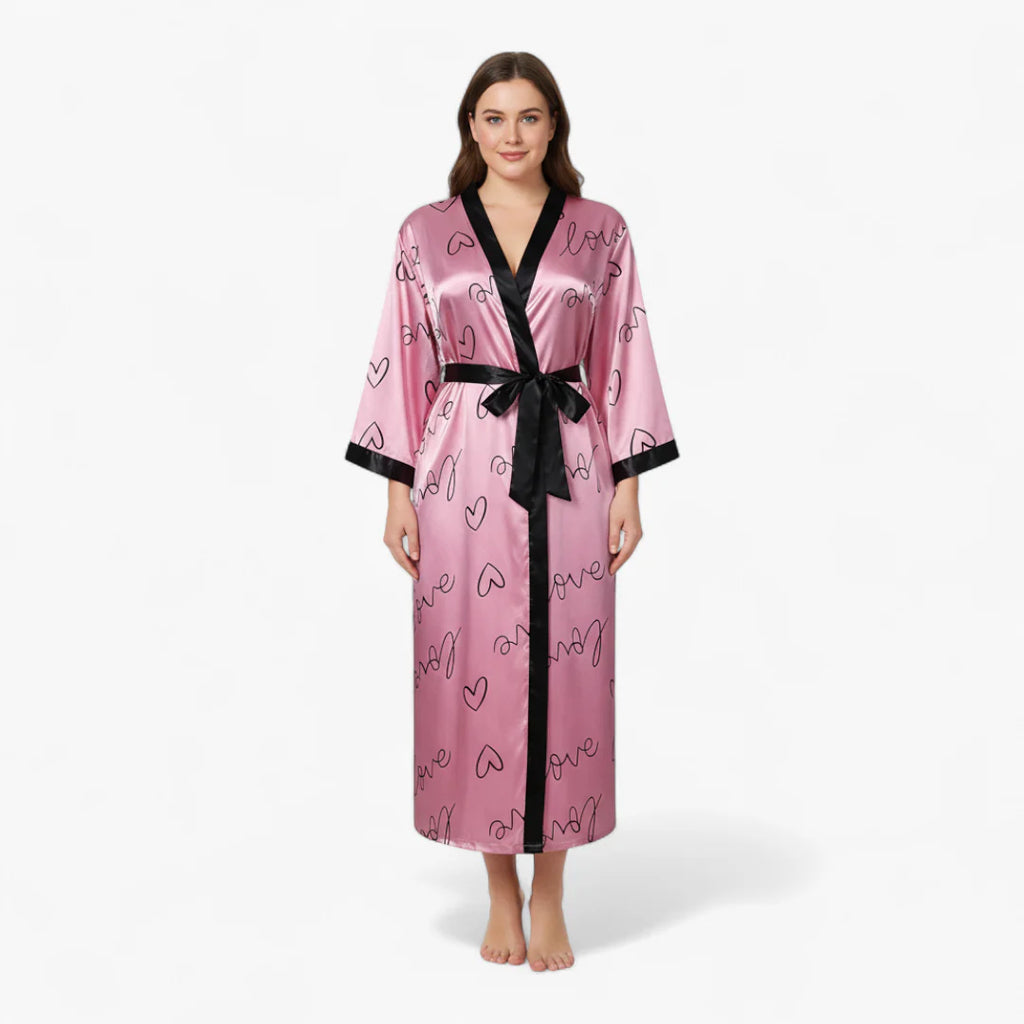 Negligé für Damen in Übergröße aus Satin – Lang Rosa mit Herzmotiv Love