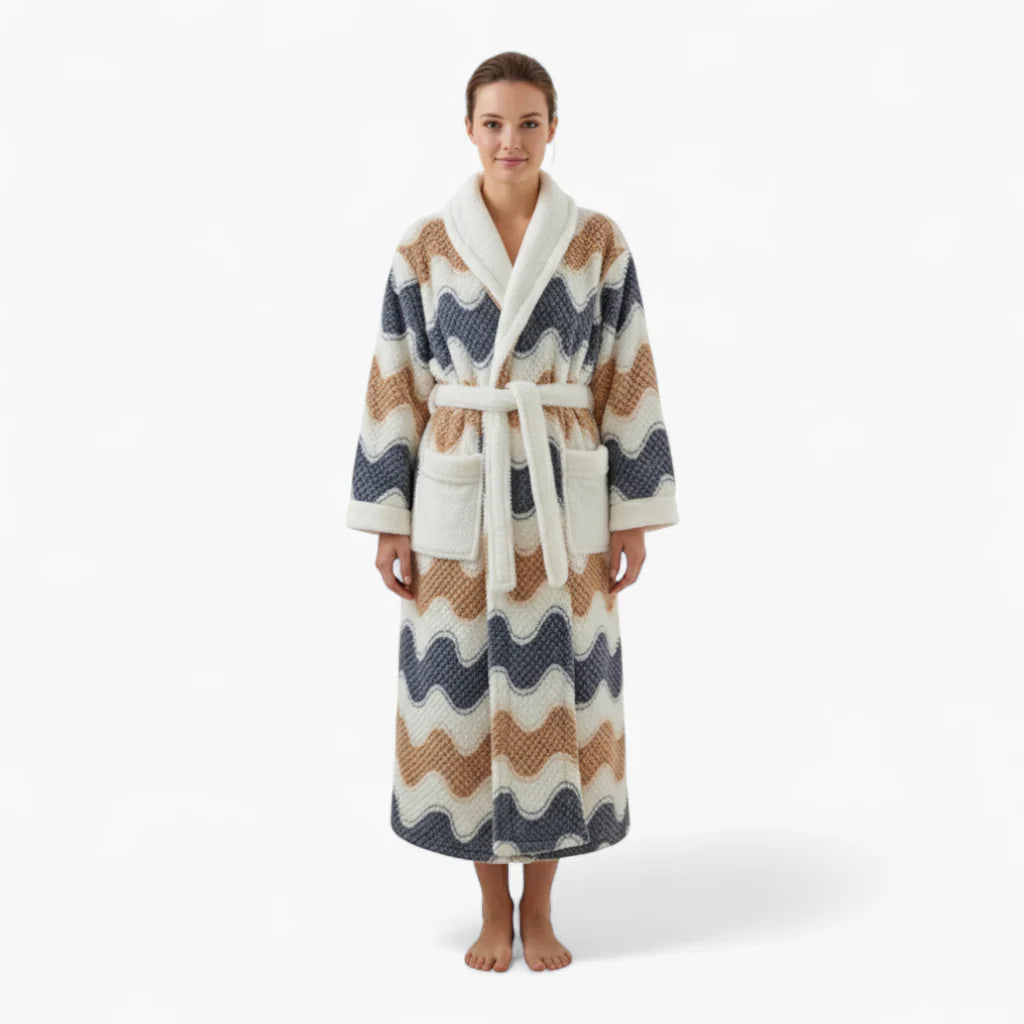Damen-Winter-Bademantel aus Fleece – Lang, mit mehrfarbigen Wellenmustern