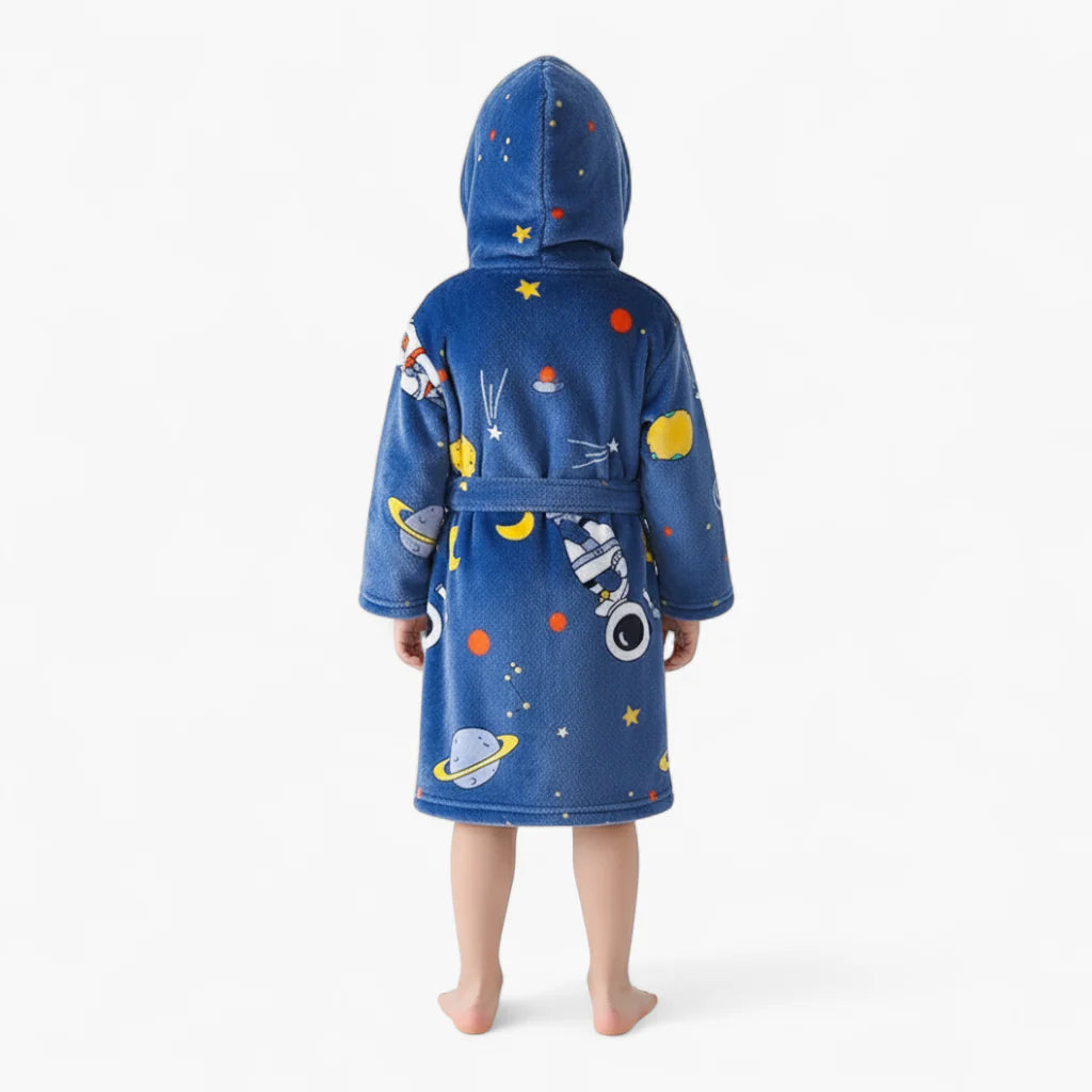 Kinderbademantel mit Kapuze – Weicher Flanell mit blauem Weltraummuster
