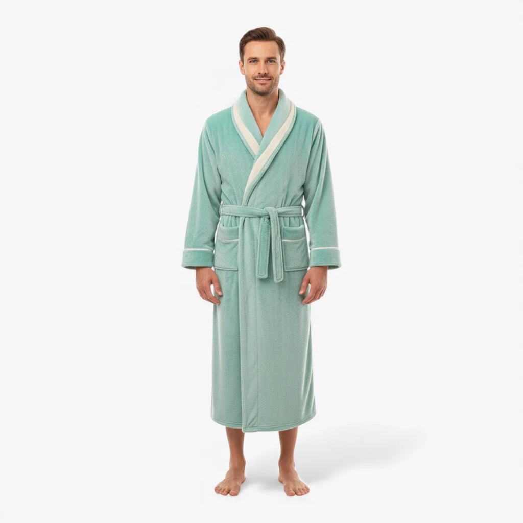 Langer Herrenbademantel – Türkisfarbener Flanell