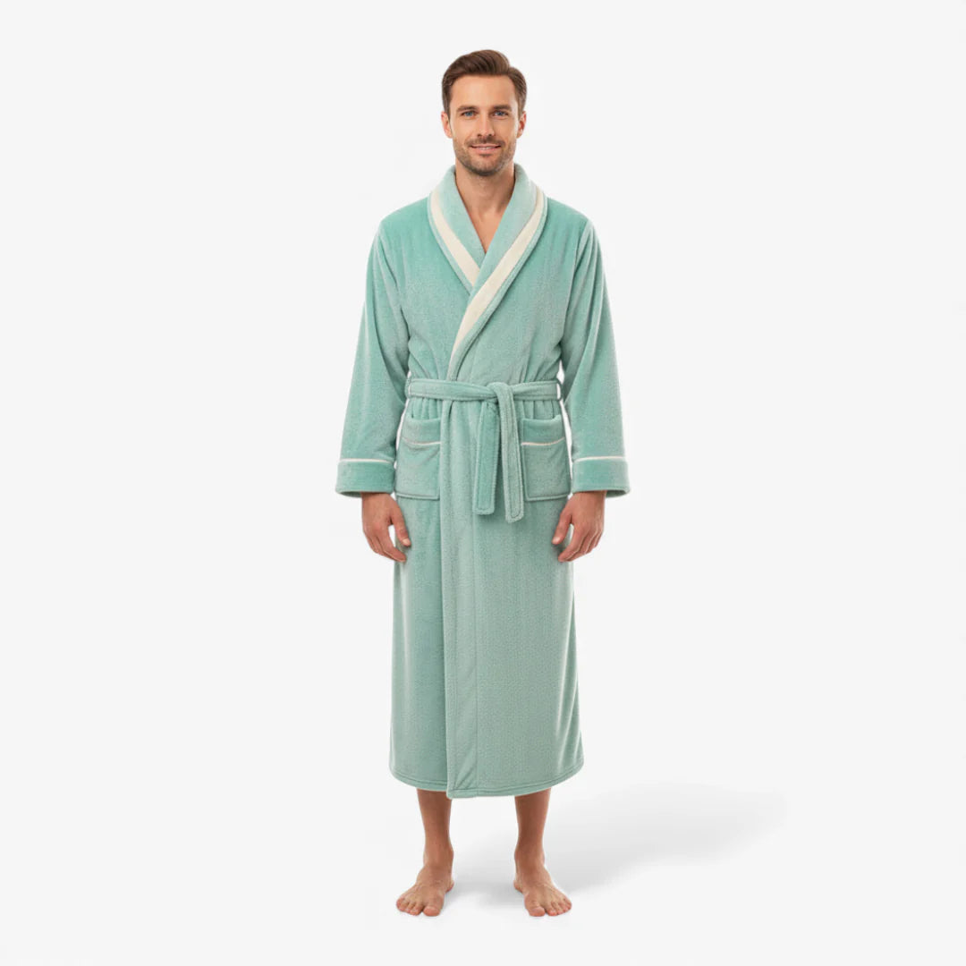 Langer Herrenbademantel – Türkisfarbener Flanell