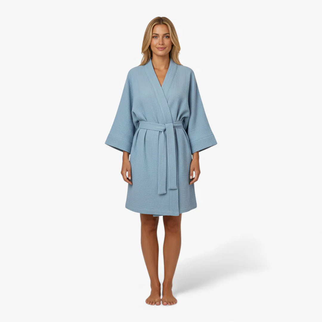 Damen-Peignoir – aus Baumwolle, hellblau, kurz