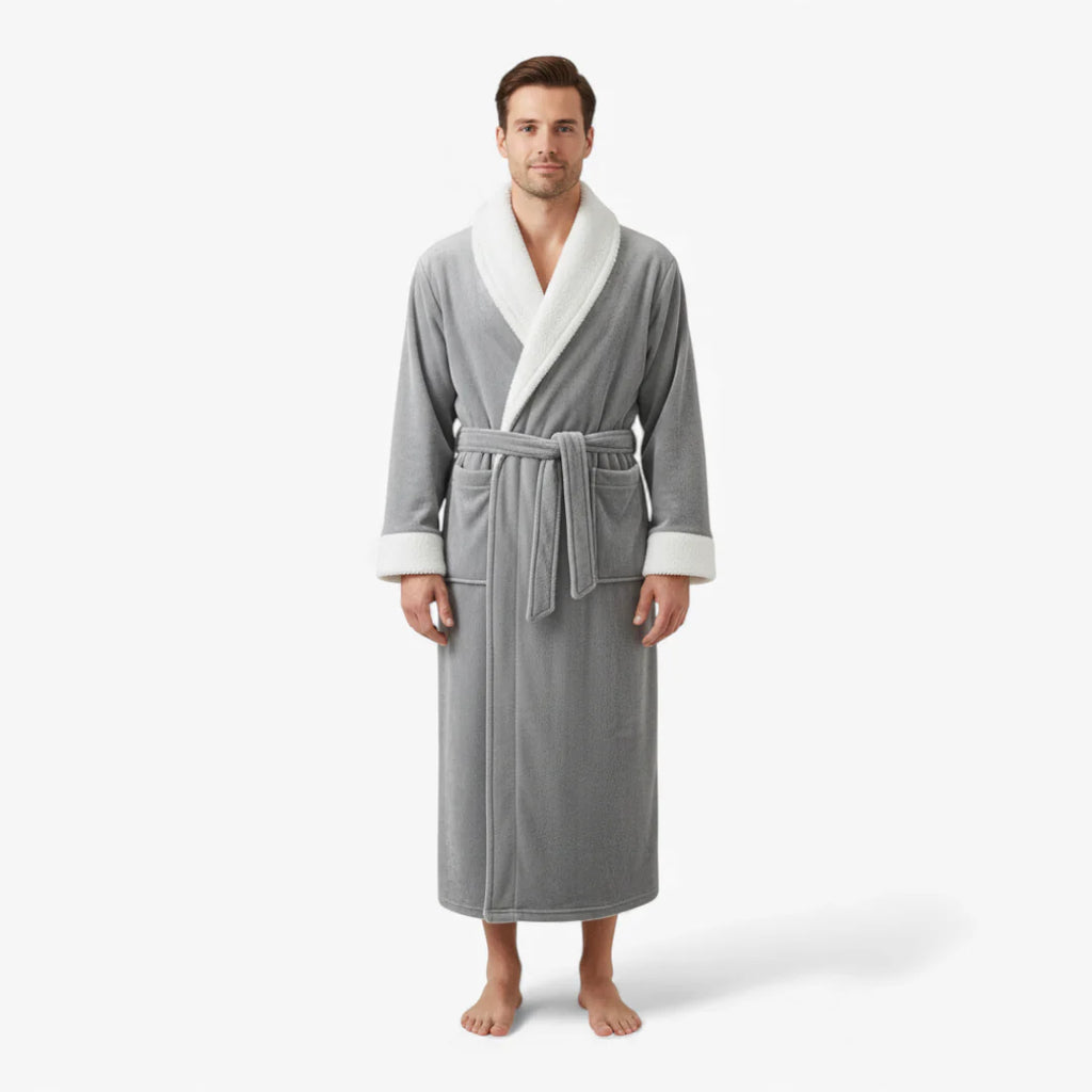 Langer grauer Flanell-Bademantel für Herren für den Winter