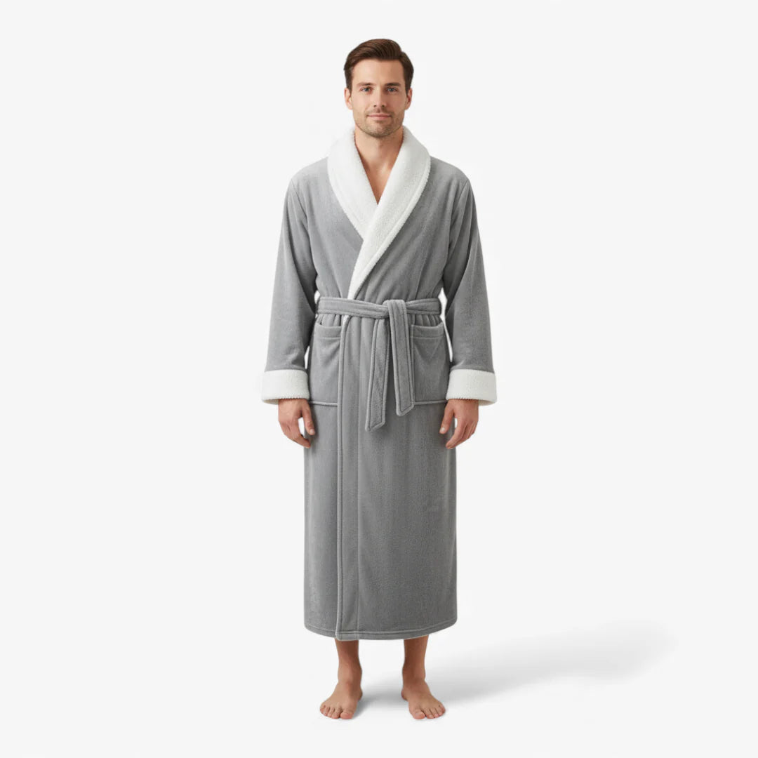 Langer grauer Flanell-Bademantel für Herren für den Winter