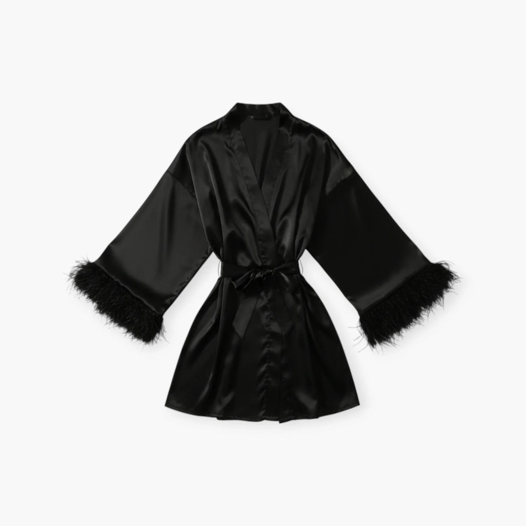 Damen-Bademantel aus Satin, schwarz, mit eleganten Federnärmeln