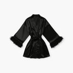 Damen-Bademantel aus Satin, schwarz, mit eleganten Federnärmeln