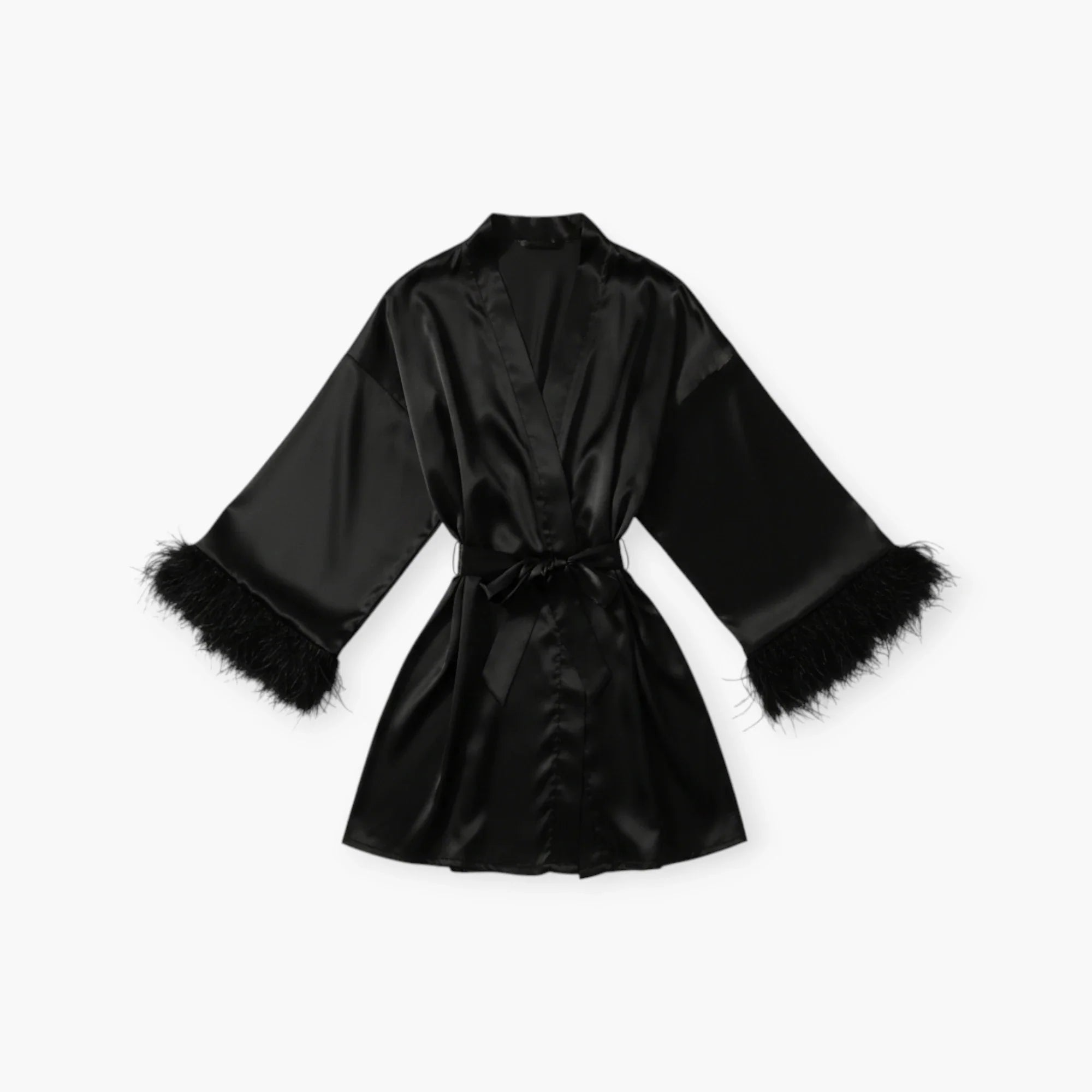 Damen-Bademantel aus Satin, schwarz, mit eleganten Federnärmeln