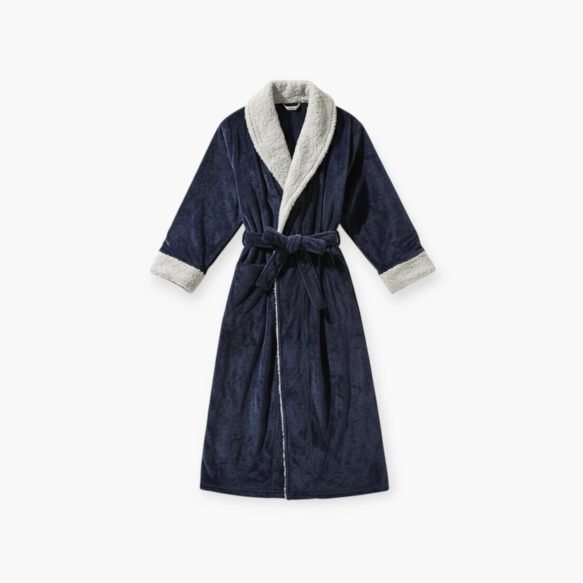 Damen-Winter-Bademantel aus Flanell, lang, marineblau, mit grauem Revers