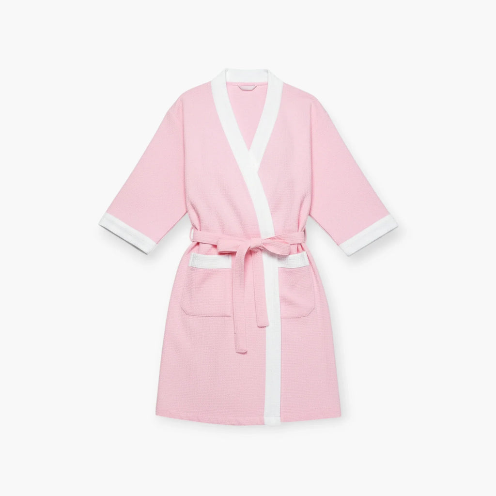 Damen-Bademantel aus rosa Waffelstoff mit weißem Rand und kurzen Ärmeln