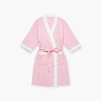 Damen-Bademantel aus rosa Waffelstoff mit weißem Rand und kurzen Ärmeln