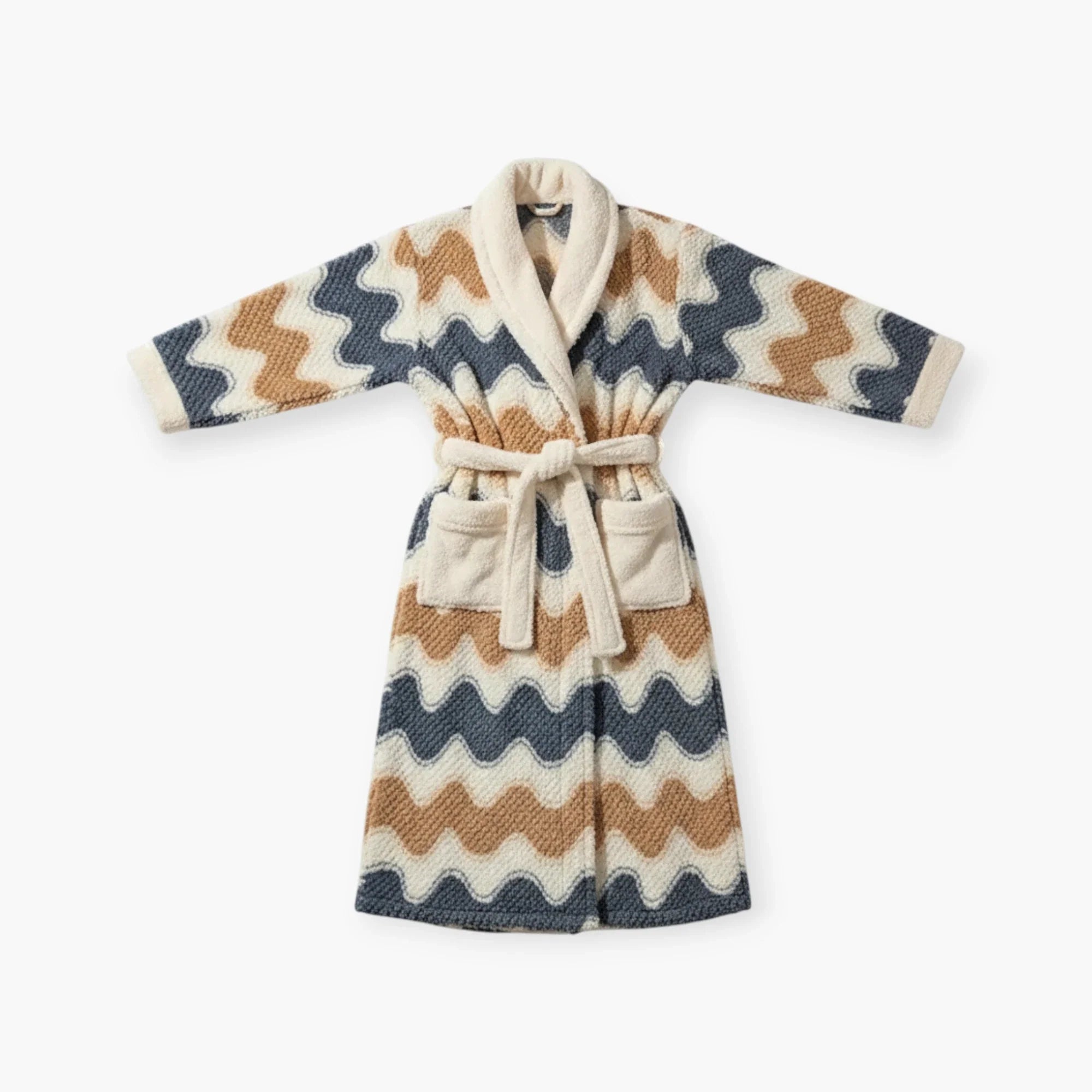 Damen-Winter-Bademantel aus Fleece – Lang, mit mehrfarbigen Wellenmustern