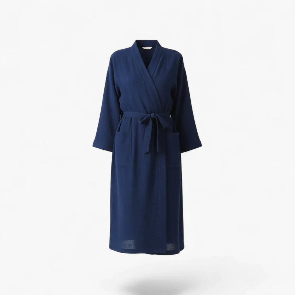 Damen-Schlafmantel aus Baumwolle – Japanischer Stil, Langer Schnitt, marineblau