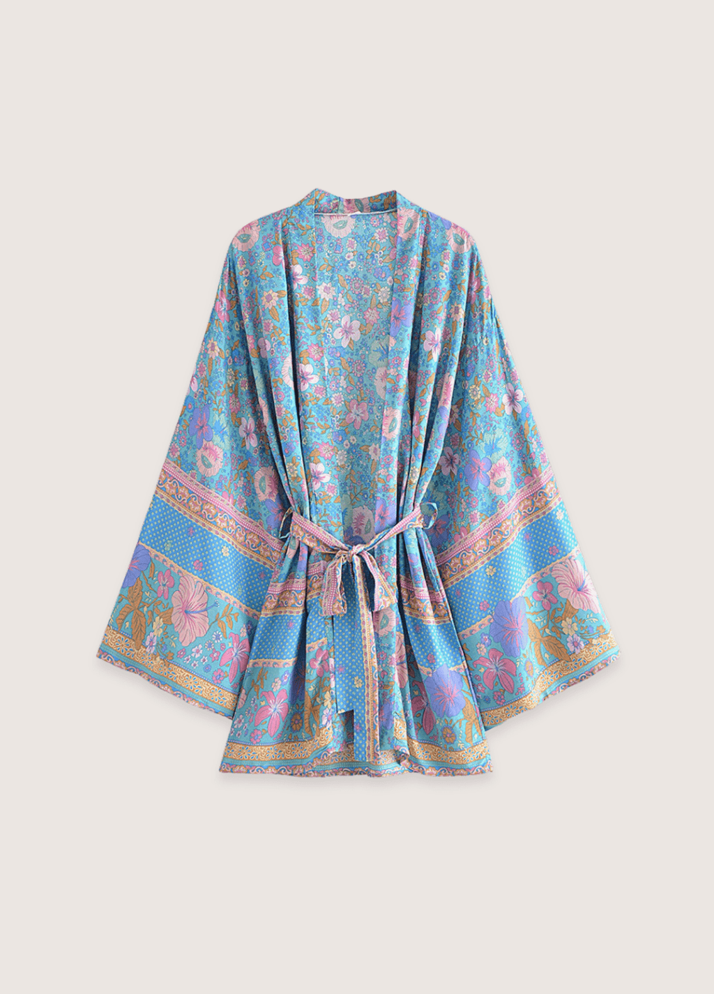 Kurzer blauer und rosa geblümter Kimono