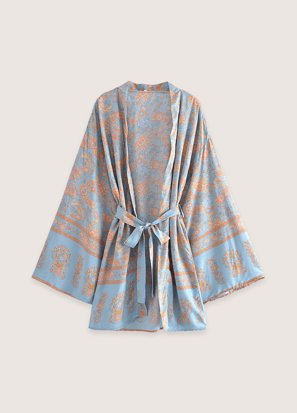 Kurzer Kimono mit Blumenmuster in Blaugrau und Rosa
