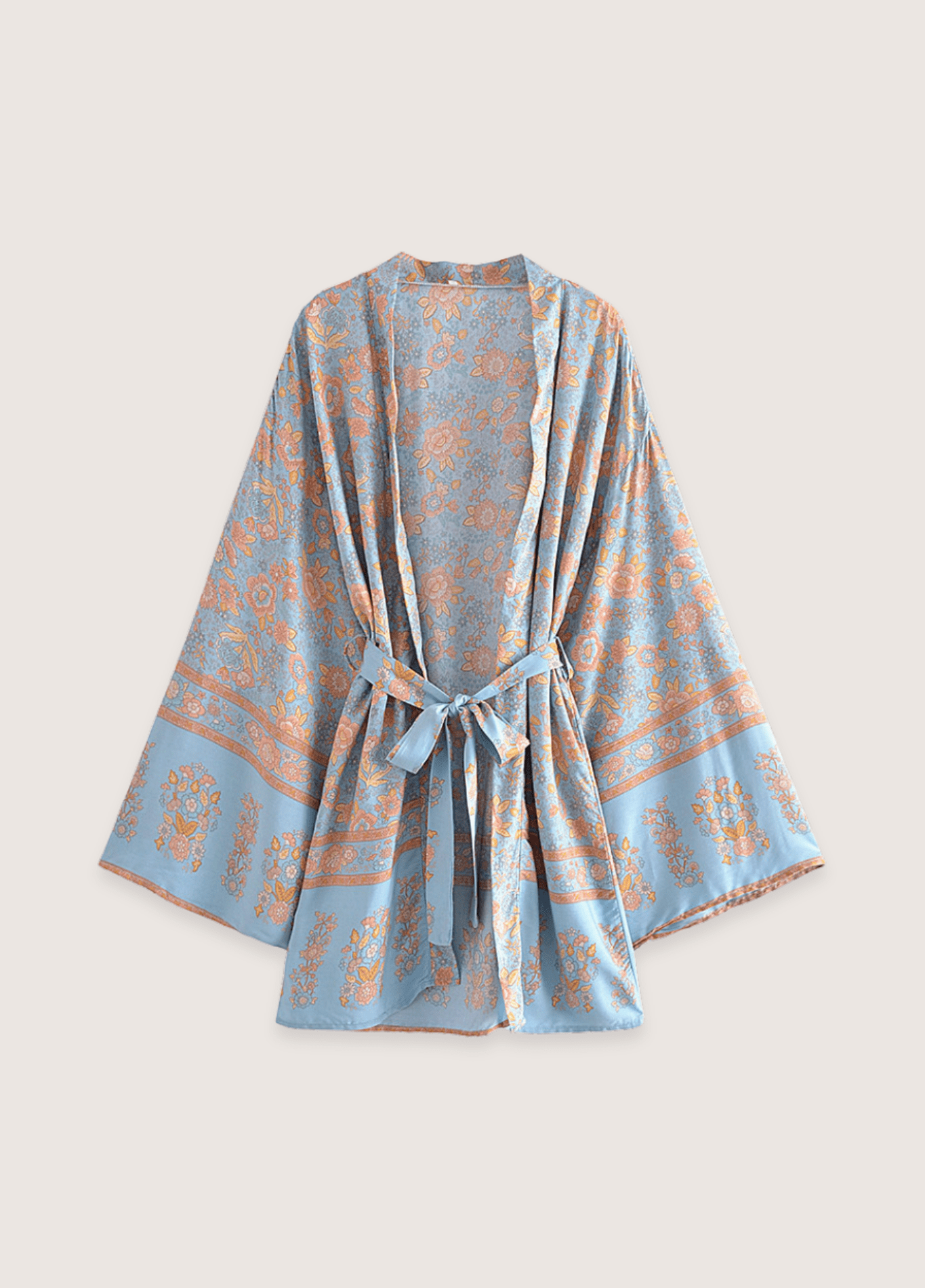 Kurzer Kimono mit Blumenmuster in Blaugrau und Rosa