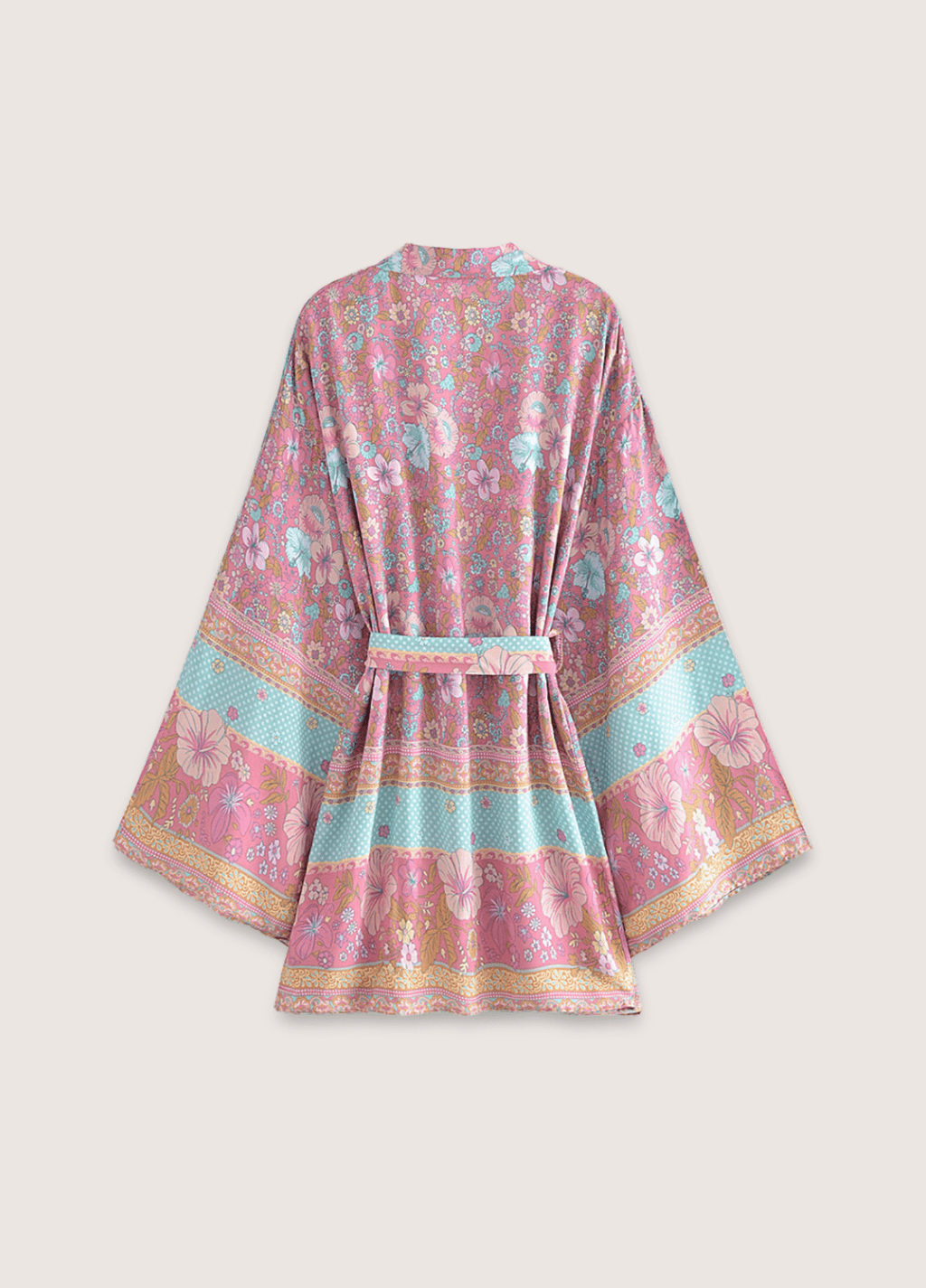 Kurzer Kimono mit rosa und blauen Blumenmustern