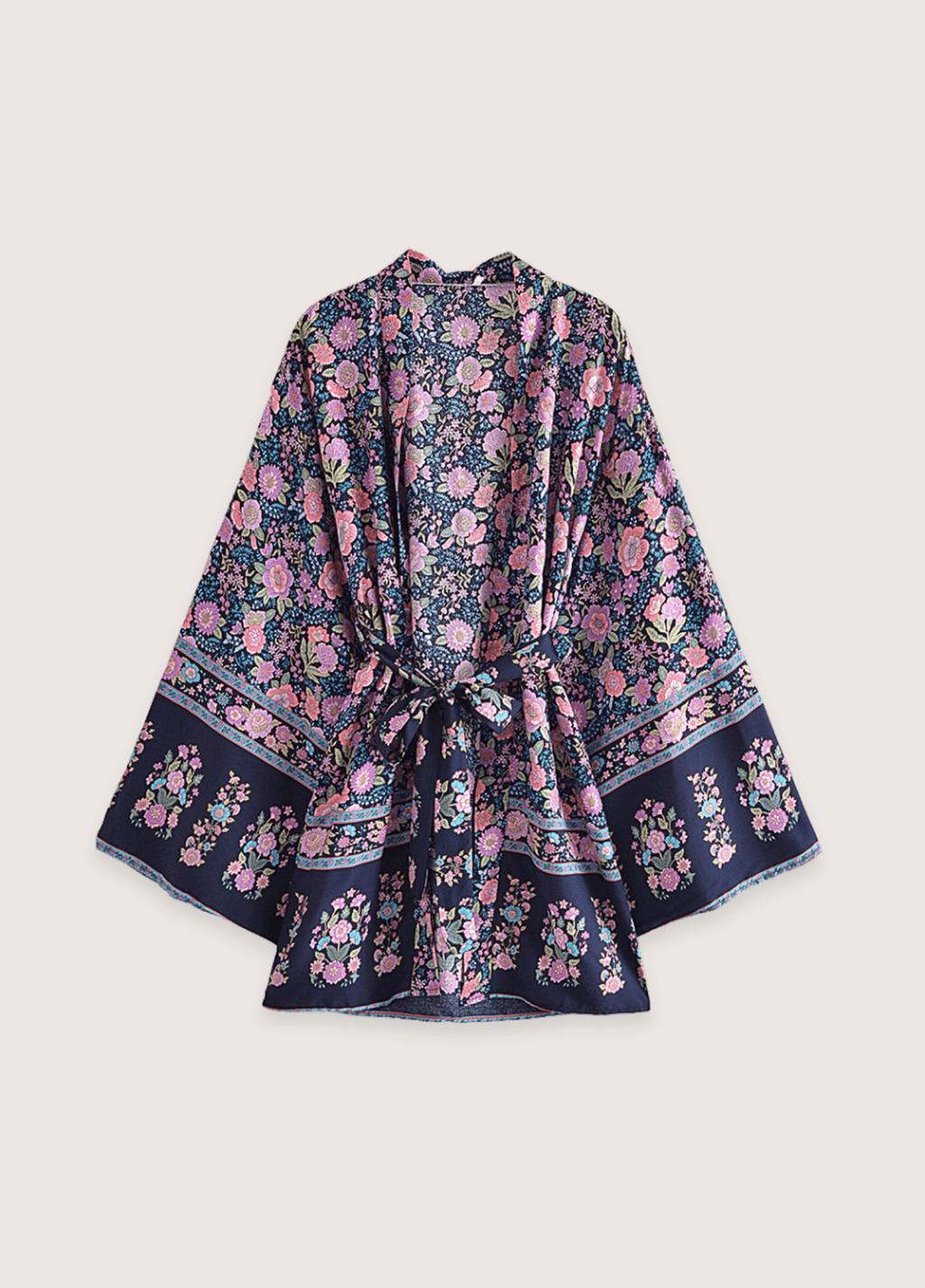Kurzer Kimono mit Blumenmuster in Rosa und Nachtblau