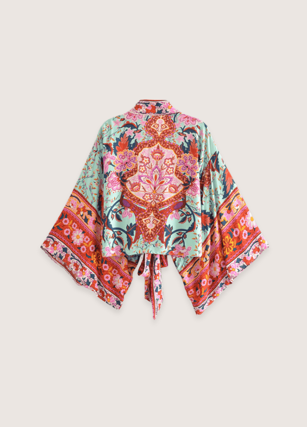 Kurzer Kimono mit Blumenmuster in Graugrün