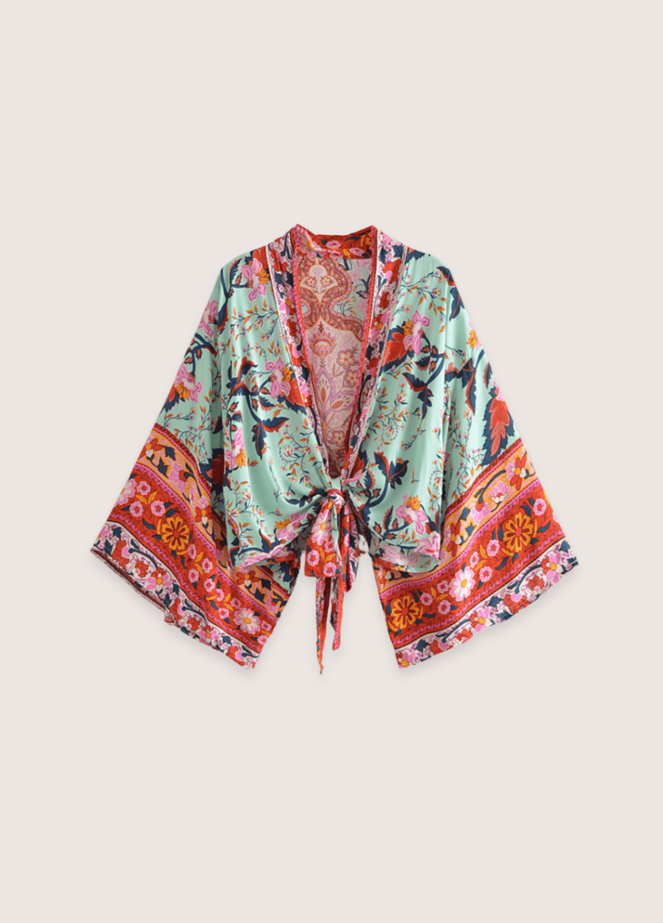 Kurzer Kimono mit Blumenmuster in Graugrün