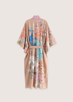 Langer, rosabeiger Kimono | Böhmisches Blumen- und Pfauenmotiv