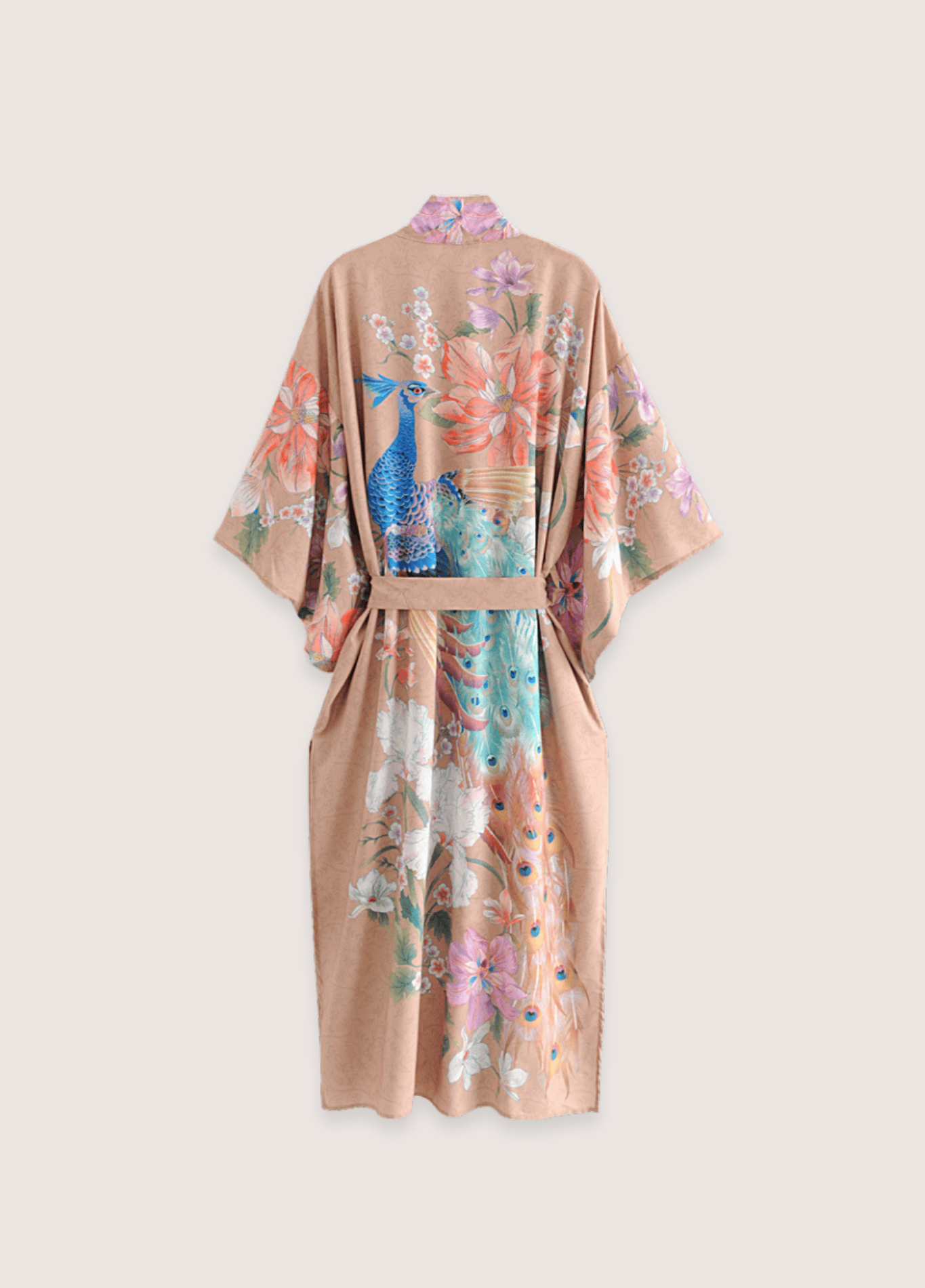 Langer, rosabeiger Kimono | Böhmisches Blumen- und Pfauenmotiv