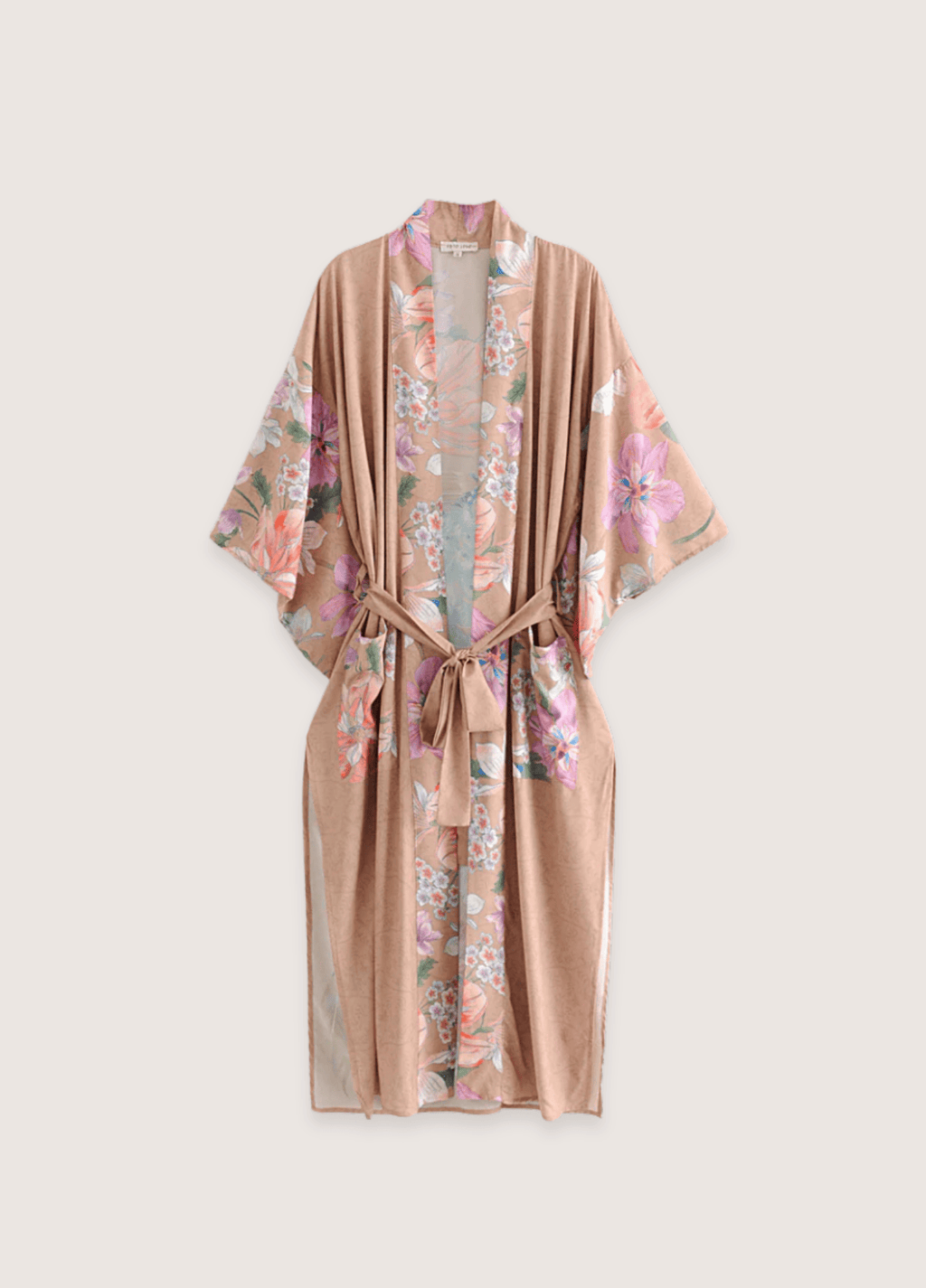 Langer, rosabeiger Kimono | Böhmisches Blumen- und Pfauenmotiv