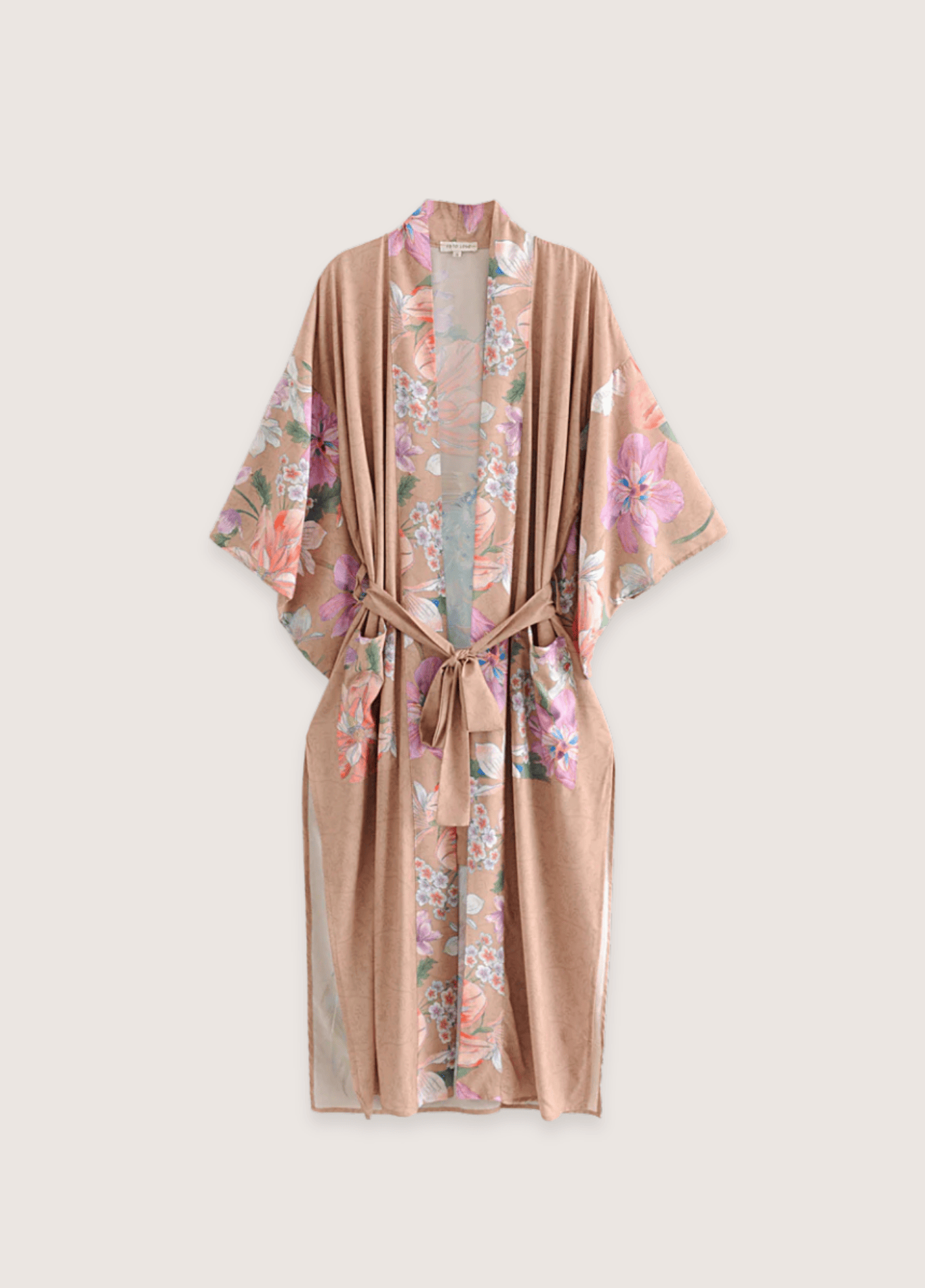 Langer, rosabeiger Kimono | Böhmisches Blumen- und Pfauenmotiv