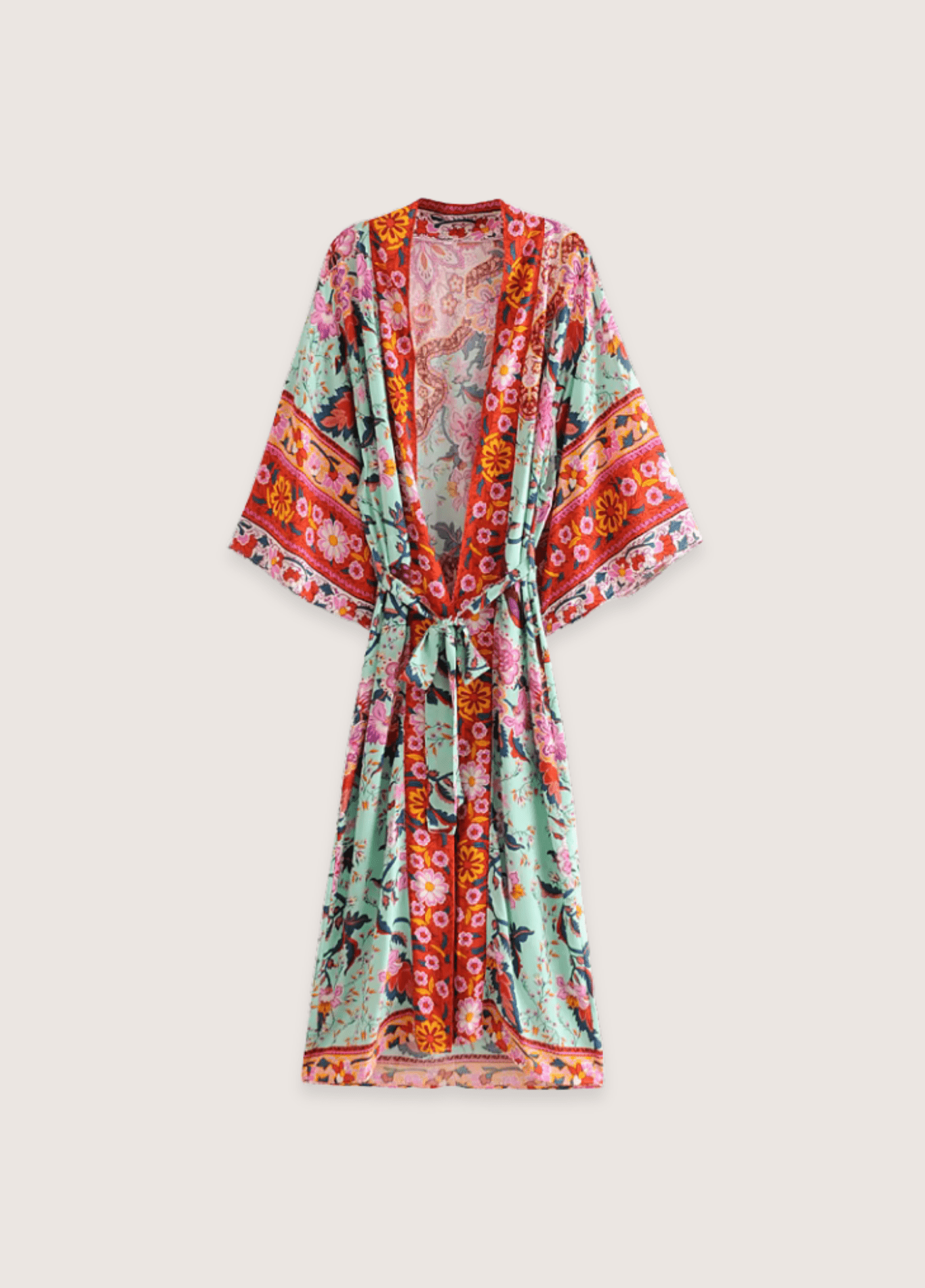 Langer Kimono mit Blumenmuster in Graugrün