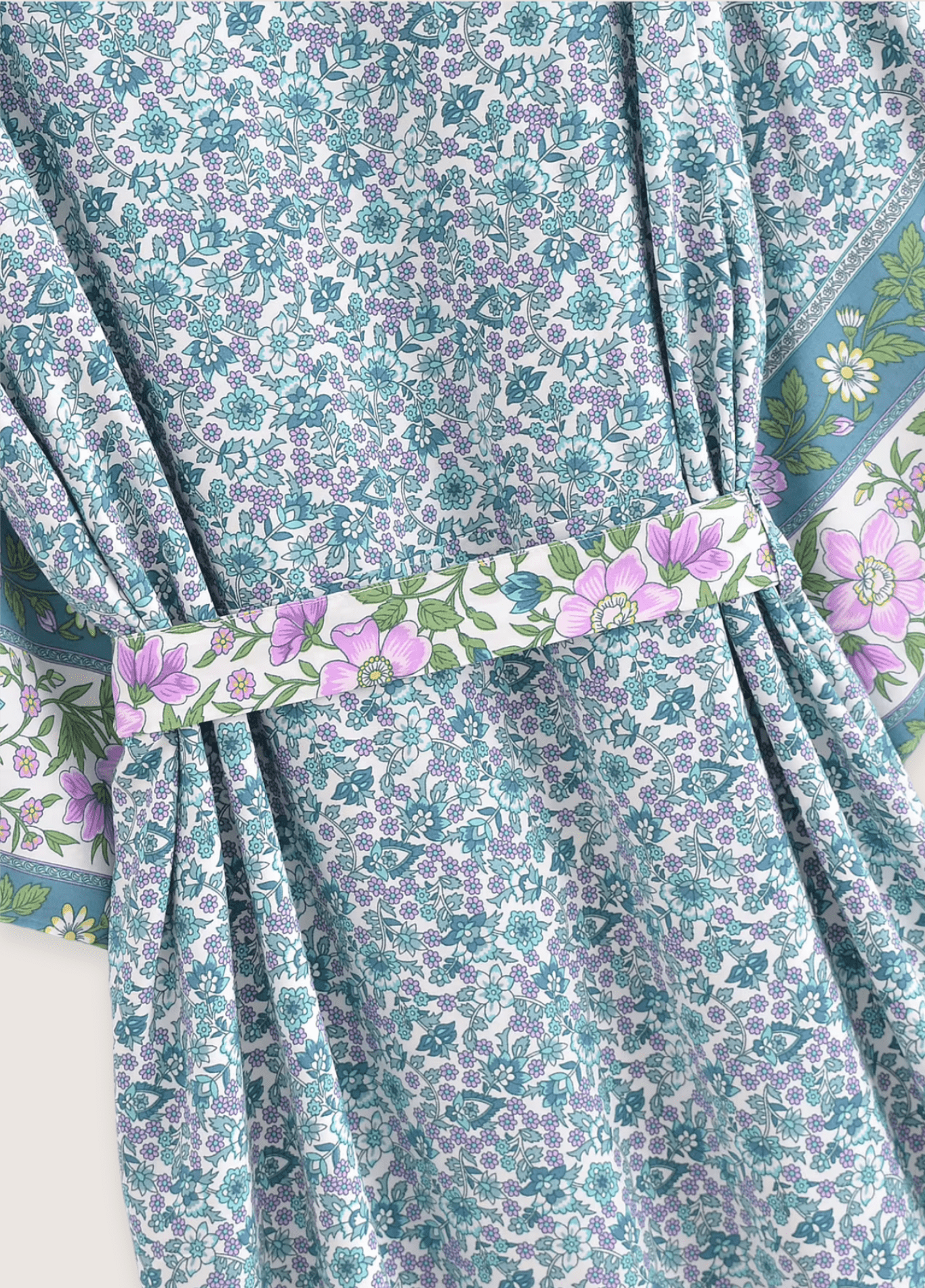 Langer Kimono | Türkis mit Blumenmuster