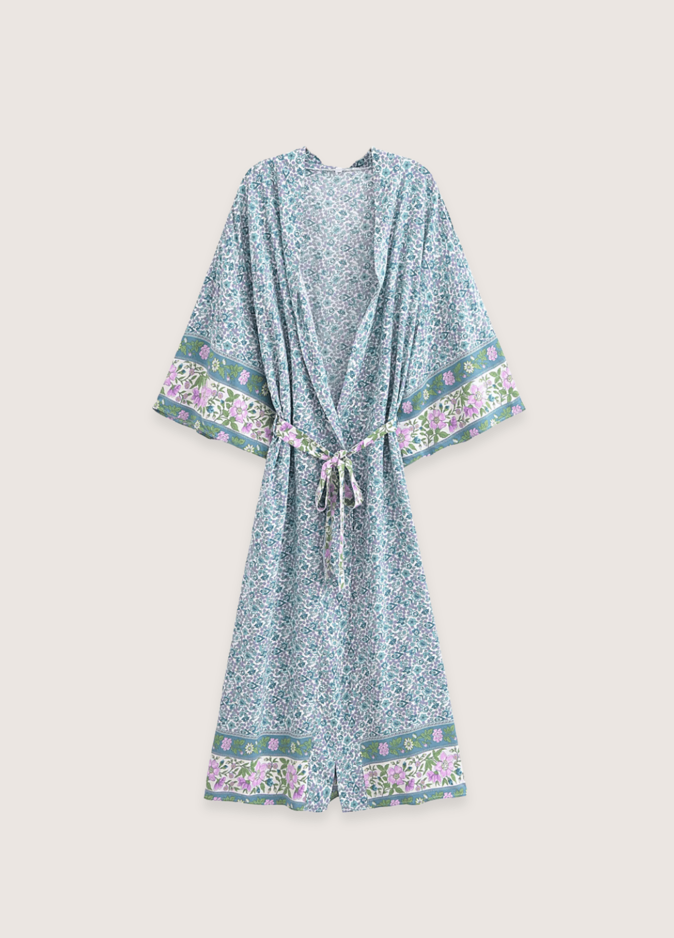Langer Kimono | Türkis mit Blumenmuster
