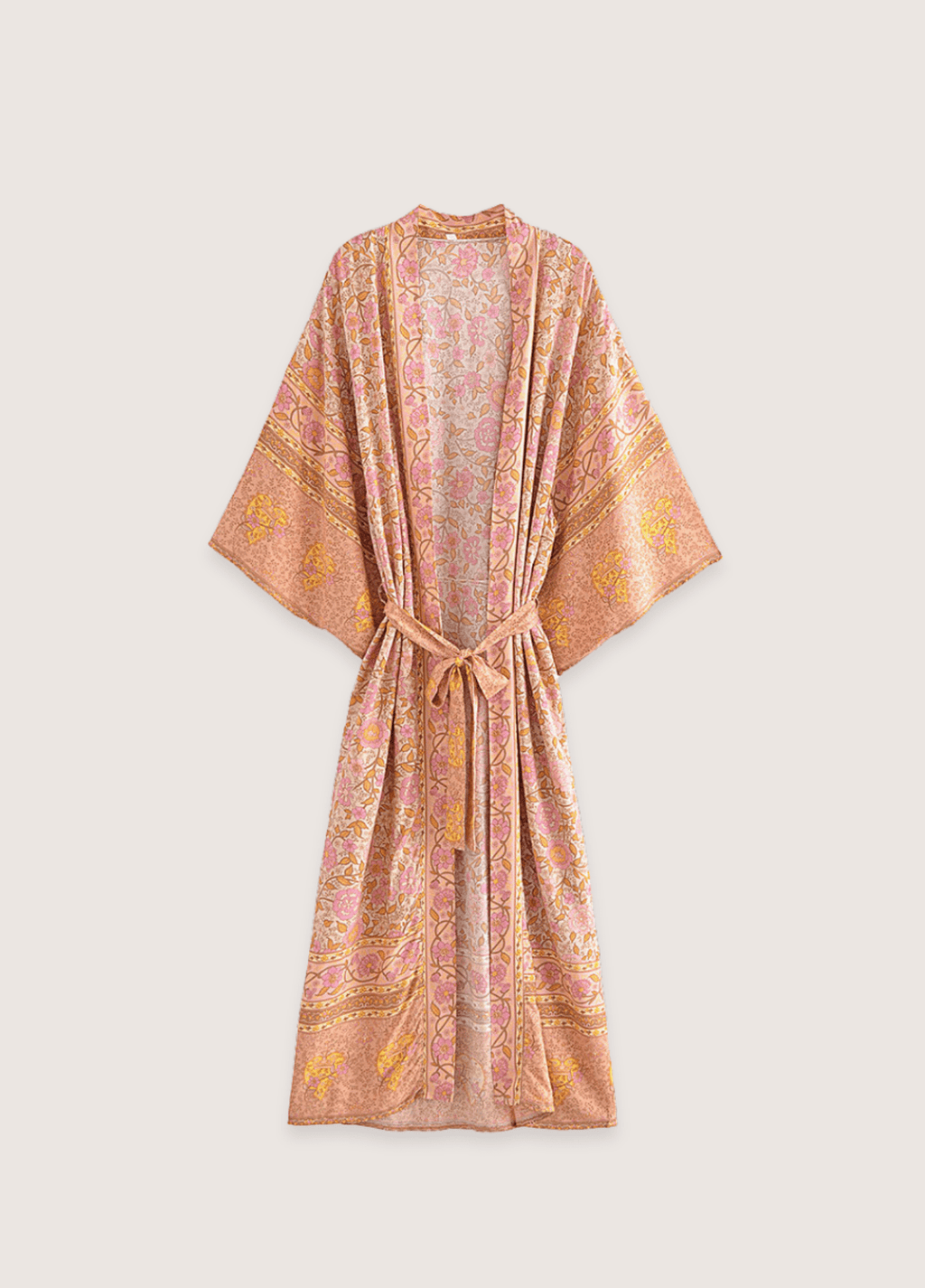 Lachsrosa langer Kimono mit Blumenmuster